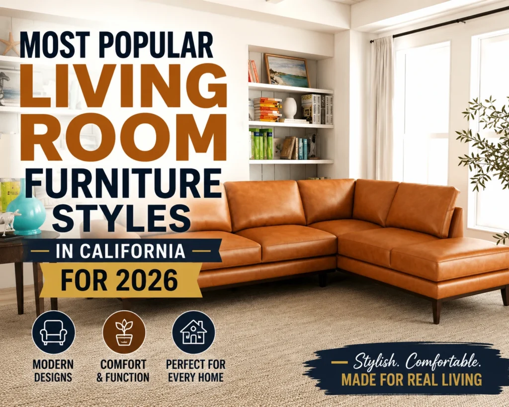 Most popular living room furniture styles in California for 2026 featuring modern leather sectional sofa and luxury interior design