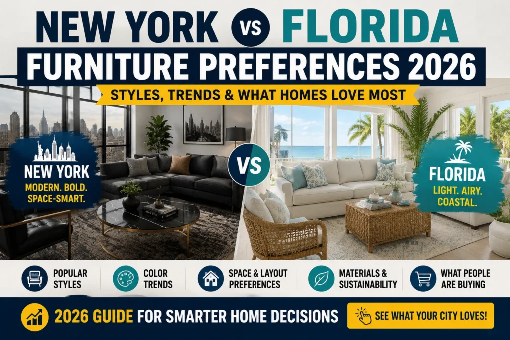 New York vs Florida furniture preferences 2026 featuring modern and coastal living room style