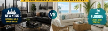 New York vs Florida furniture preferences 2026 featuring modern and coastal living room style