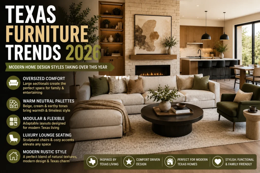 Texas furniture trends 2026 featuring modern home design with warm contemporary living room interior and luxury furniture styling