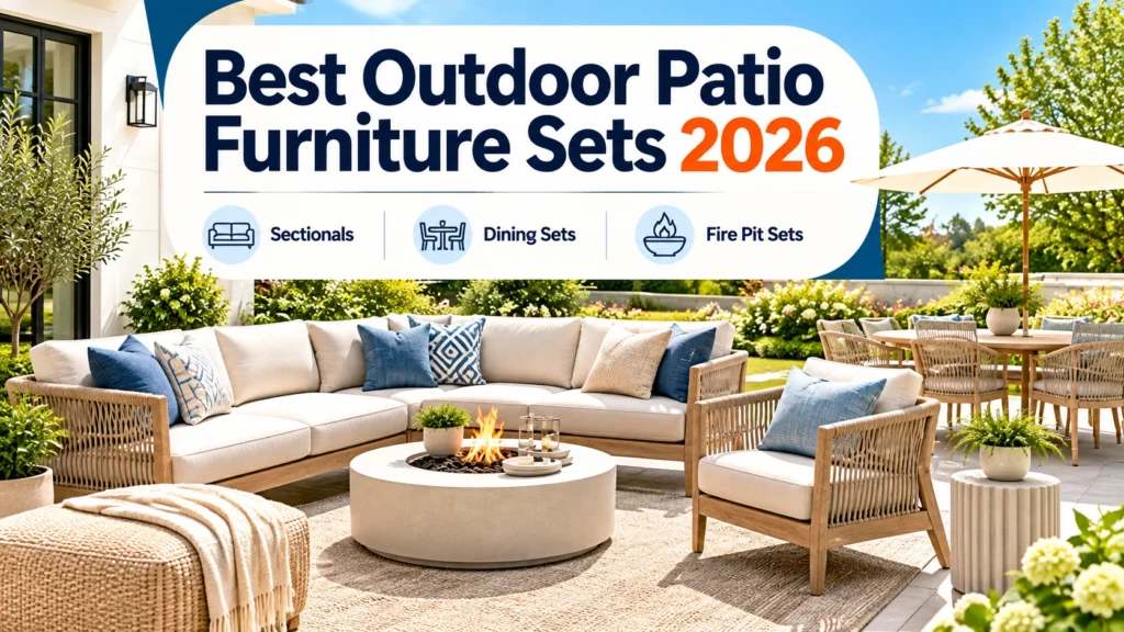 Modern outdoor patio furniture set with a cream sectional sofa, woven armchair, fire pit table, and umbrella-shaded dining set.