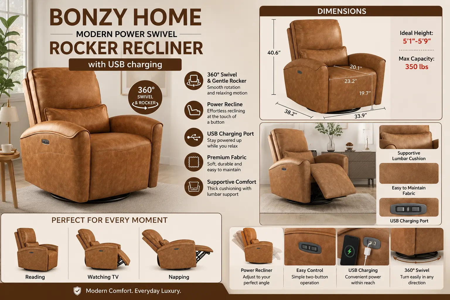 Bonzy Home modern power swivel rocker recliner with USB charging.
