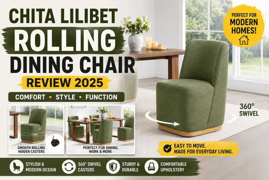 CHITA Lilibet Rolling Dining Chair featuring 360° swivel hidden casters, upholstered seat, modern green fabric, and comfortable dining room design.