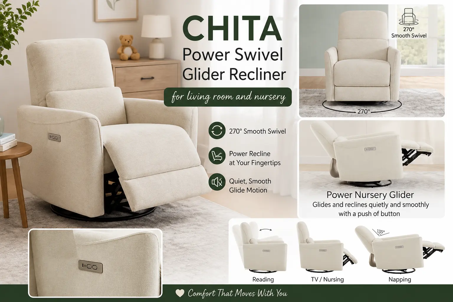 CHITA Power Swivel Glider Recliner for living room and nursery.