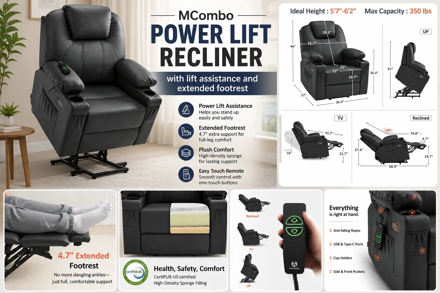 MCombo Power Lift Recliner with lift assistance and extended footrest.