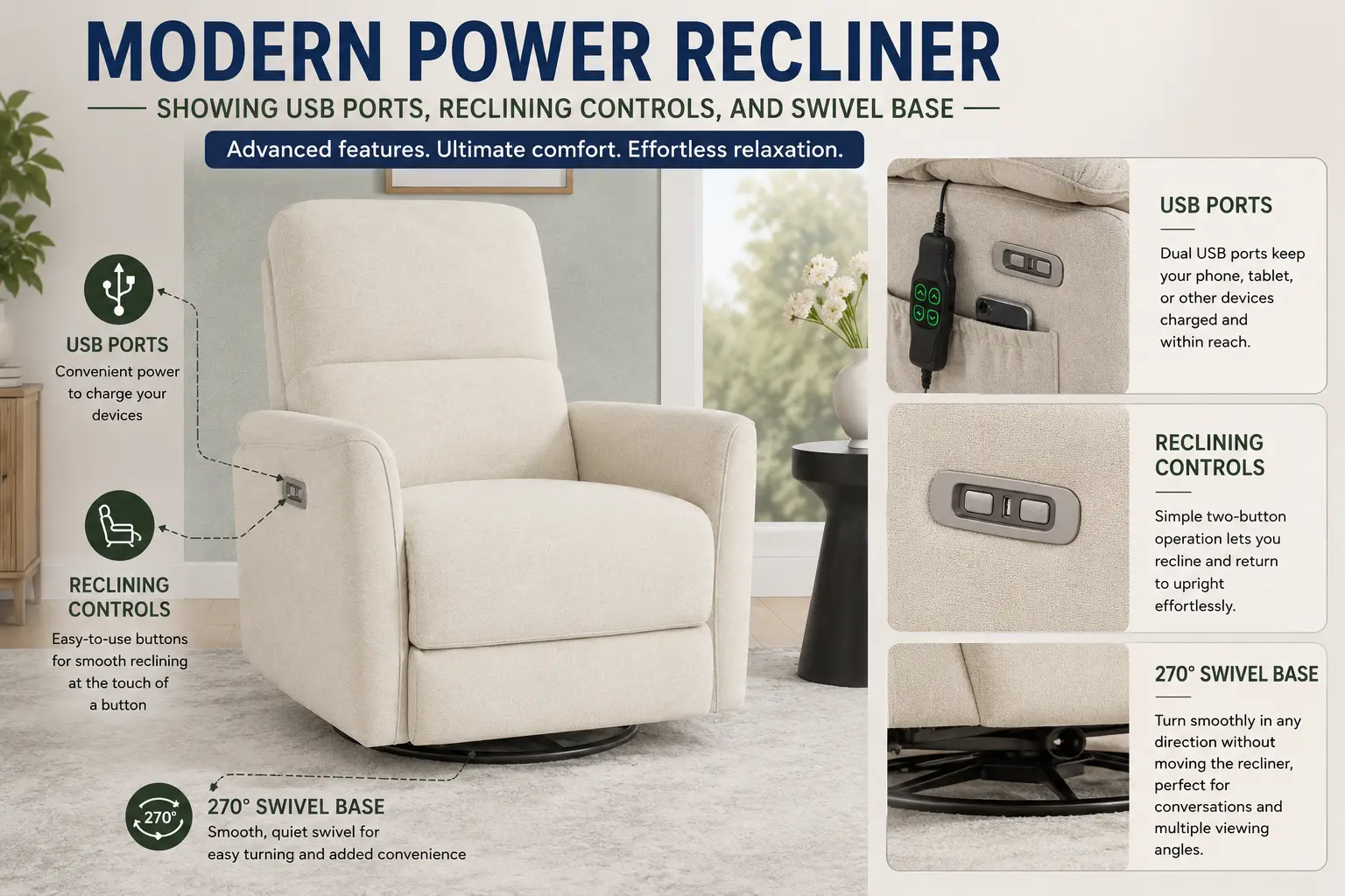 Modern power recliner showing USB ports, reclining controls, and swivel base.