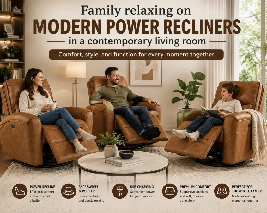 Family relaxing on modern power recliners in a contemporary living room.