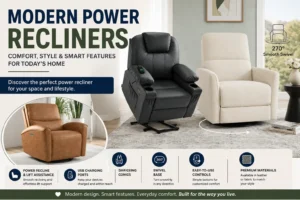 Modern power recliners featuring fabric swivel recliner, leather power lift recliner, and contemporary reclining chair for living room comfort