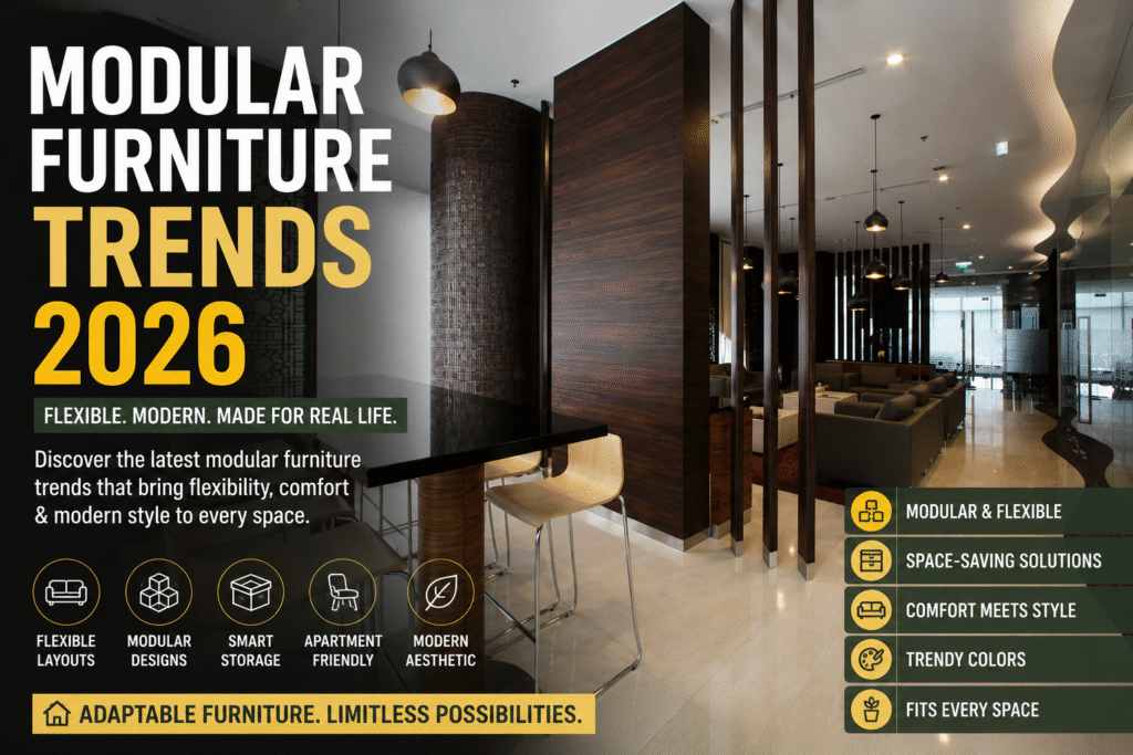 Modern modular furniture interior with flexible layouts and contemporary apartment-friendly furniture design trends for 2026