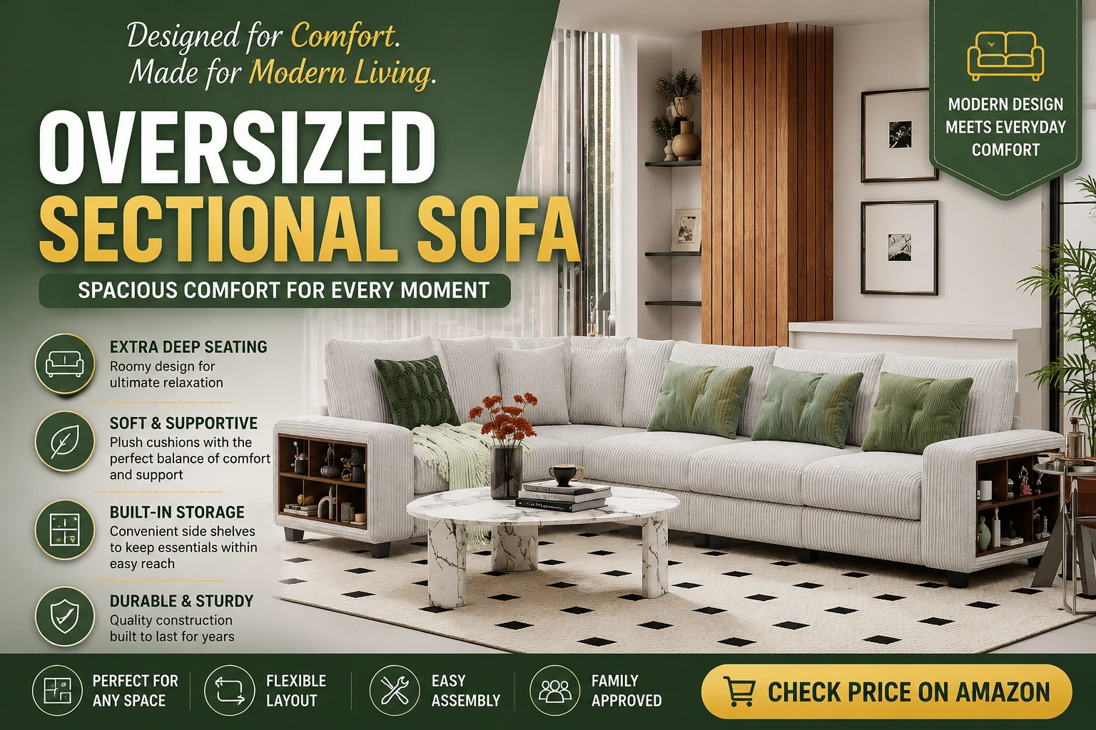 Oversized sectional sofa with deep seating, built-in storage arms, and modern living room design for families and large spaces