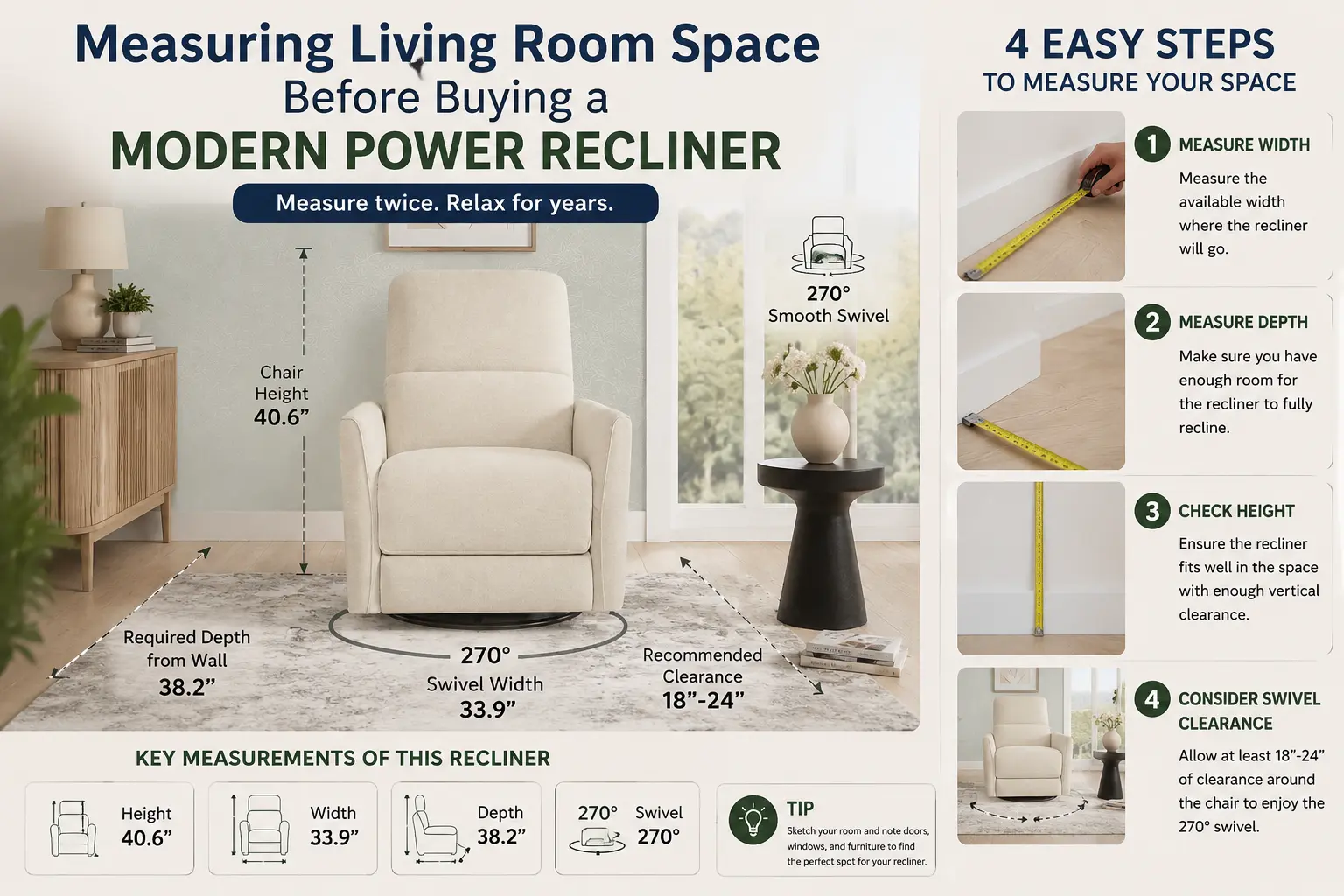 Measuring living room space before buying a modern power recliner.