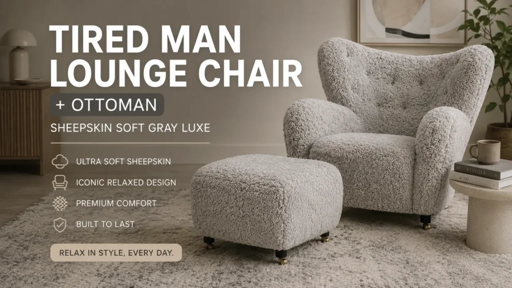 Tired Man Lounge Chair and Ottoman in Sheepskin Soft Gray Luxe, front view