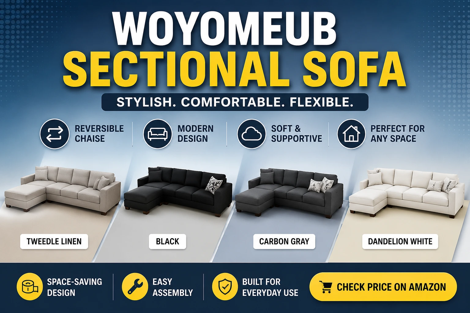 Woyomeub sectional sofa available in mocha brown, black, dark grey, and cream white color options for apartments and living rooms