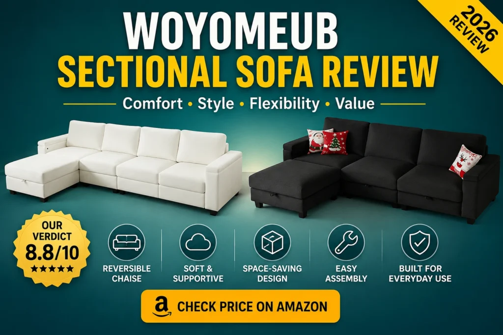 Woyomeub sectional sofa review 2026 featuring reversible chaise and modern sectional couch design for apartments and living rooms