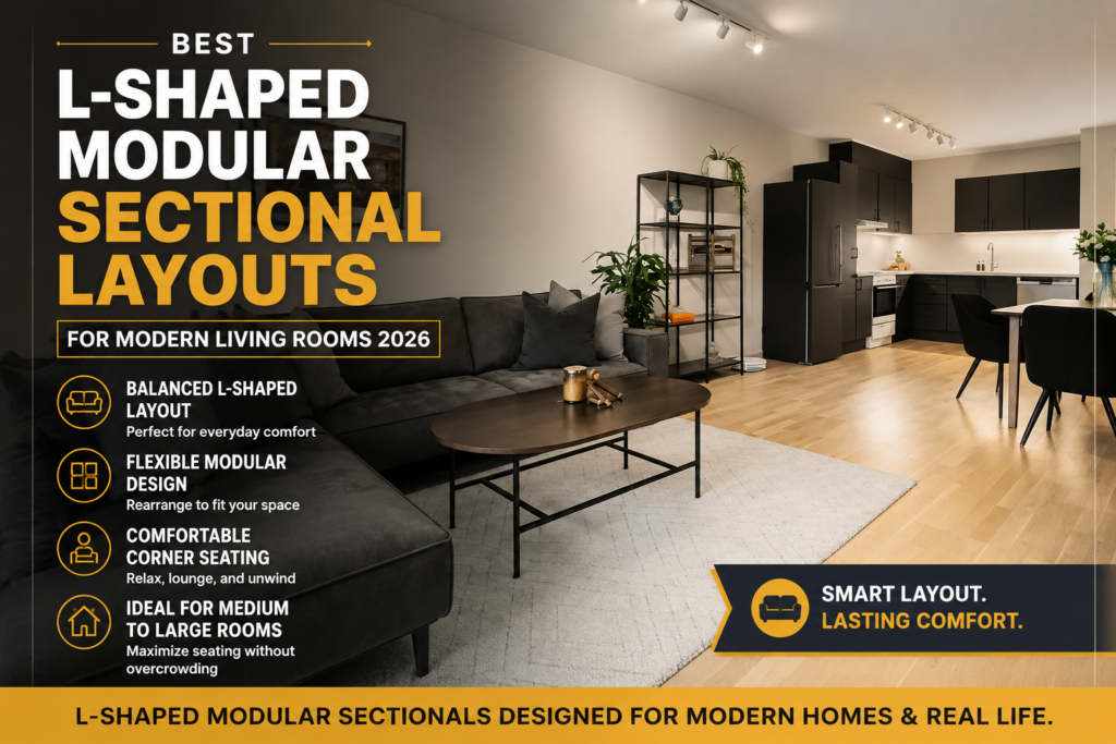 Modern L-shaped modular sectional sofa layout inside contemporary open-concept living room