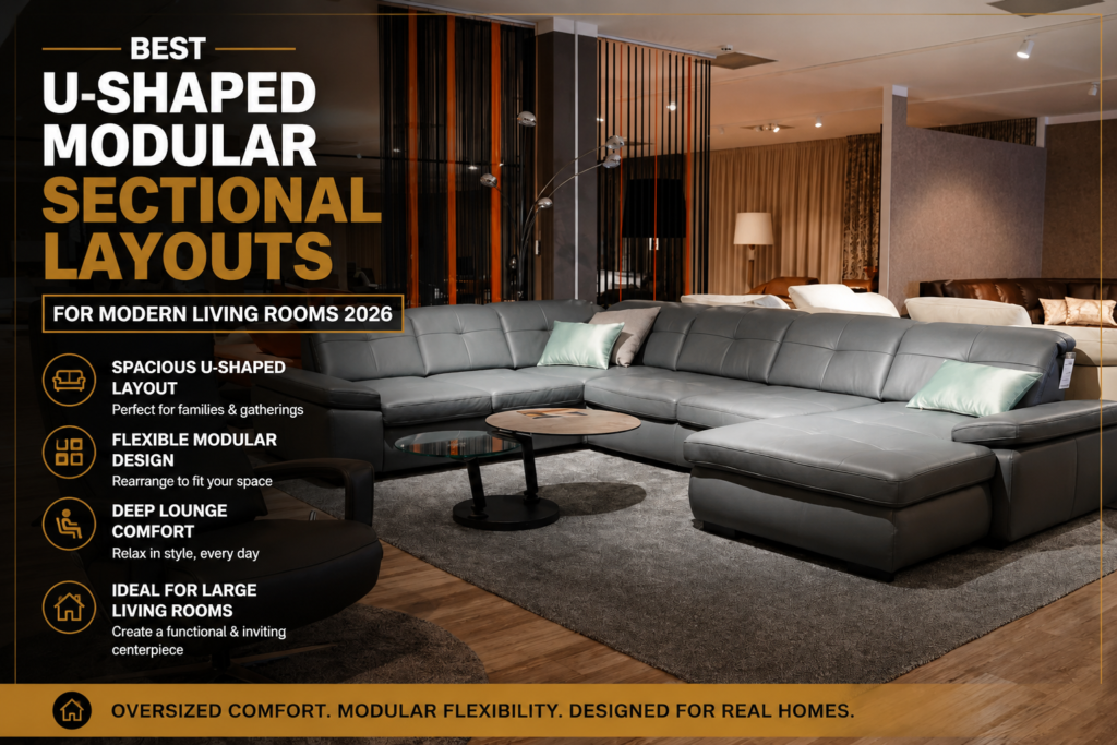 Modern U-shaped modular sectional sofa layout inside contemporary open-concept living room