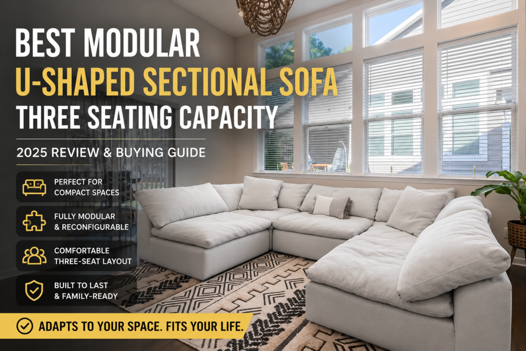 Compact U-shaped modular sectional sofa with three-seat layout inside bright modern living room