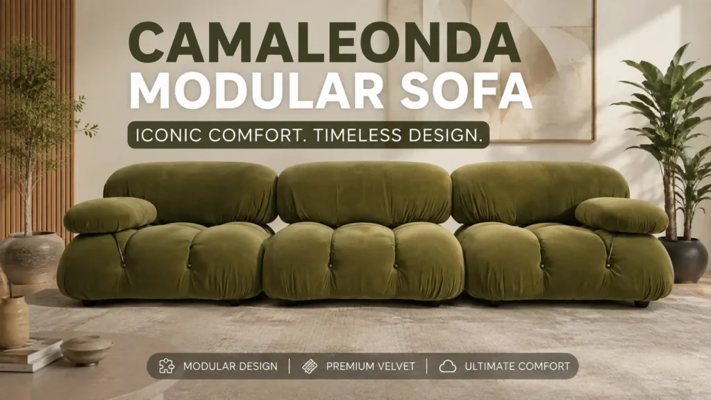 Camaleonda Modular Sofa in Olive Green Velvet, full front view