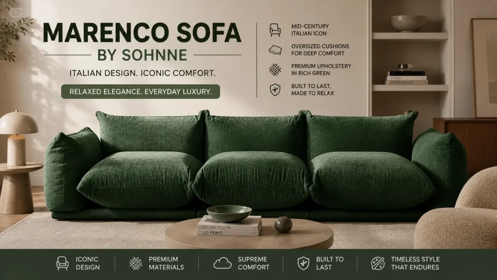 Marenco Sofa by Sohnne, mid-century Italian design, green upholstery