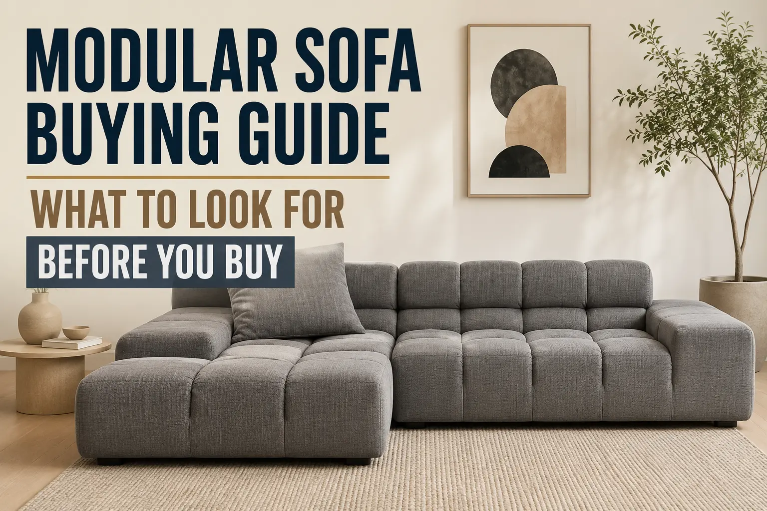 Modern modular sofa in a contemporary living room showing key features to consider before buying a modular sectional sofa.