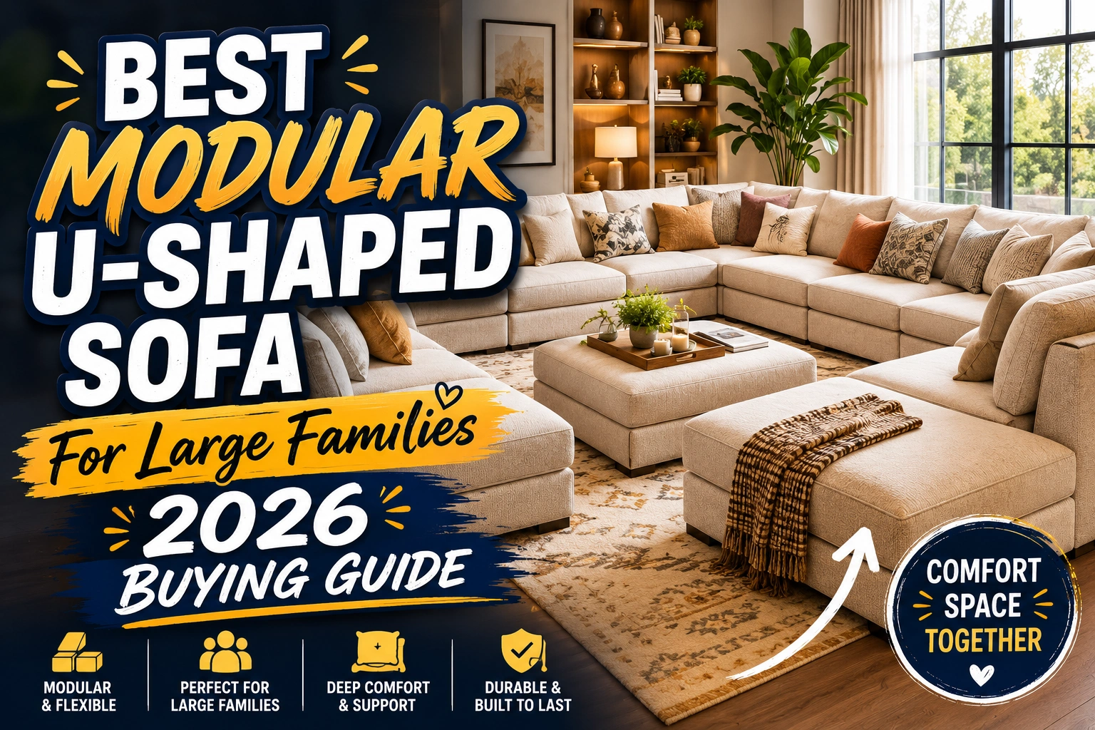 Modular U-shaped sectional sofa in a modern family living room with deep seating and spacious layout