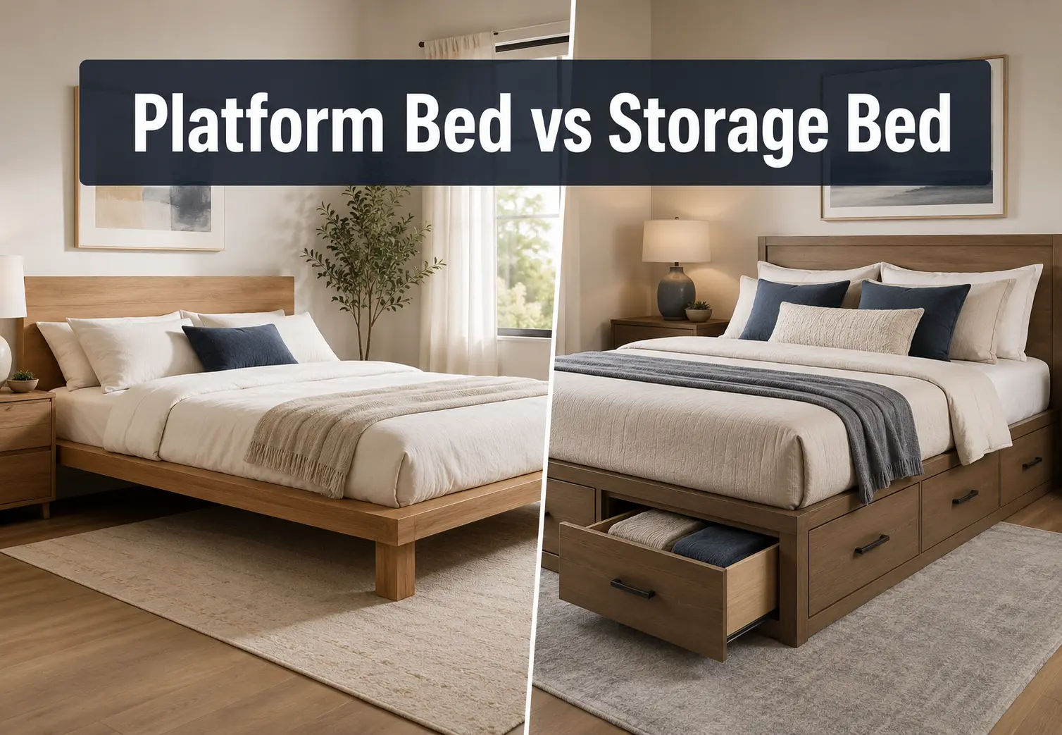 Platform bed and storage bed compared in modern bedrooms