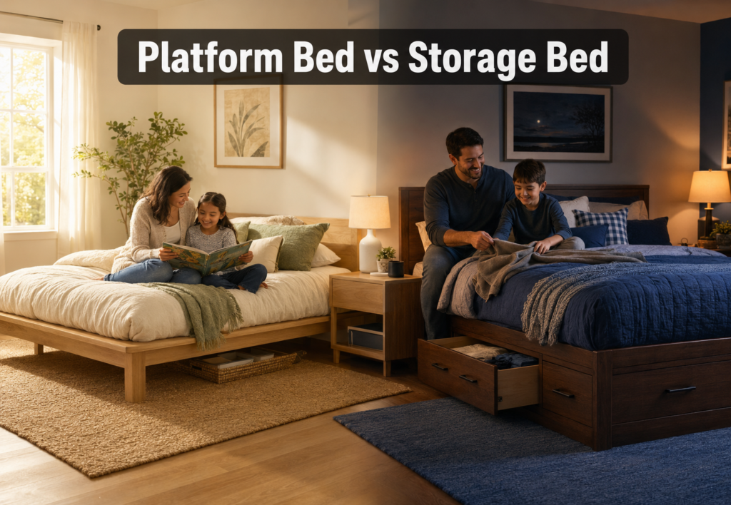 Family comparing a platform bed in daylight with a storage bed at night