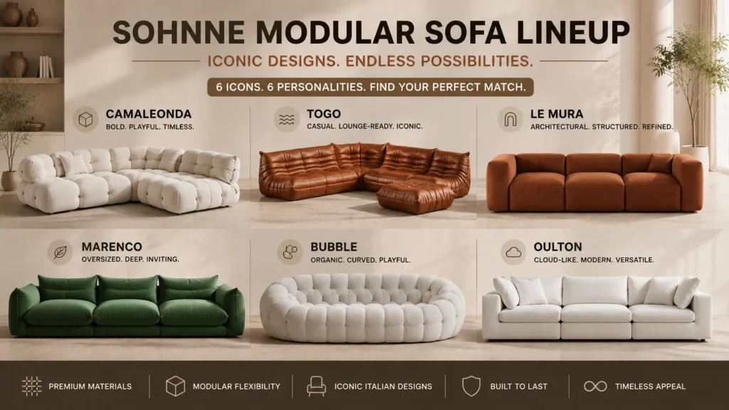 Sohnne modular sofa lineup comparison — Camaleonda, Togo, Le Mura, Marenco, Bubble, and Oulton sofas