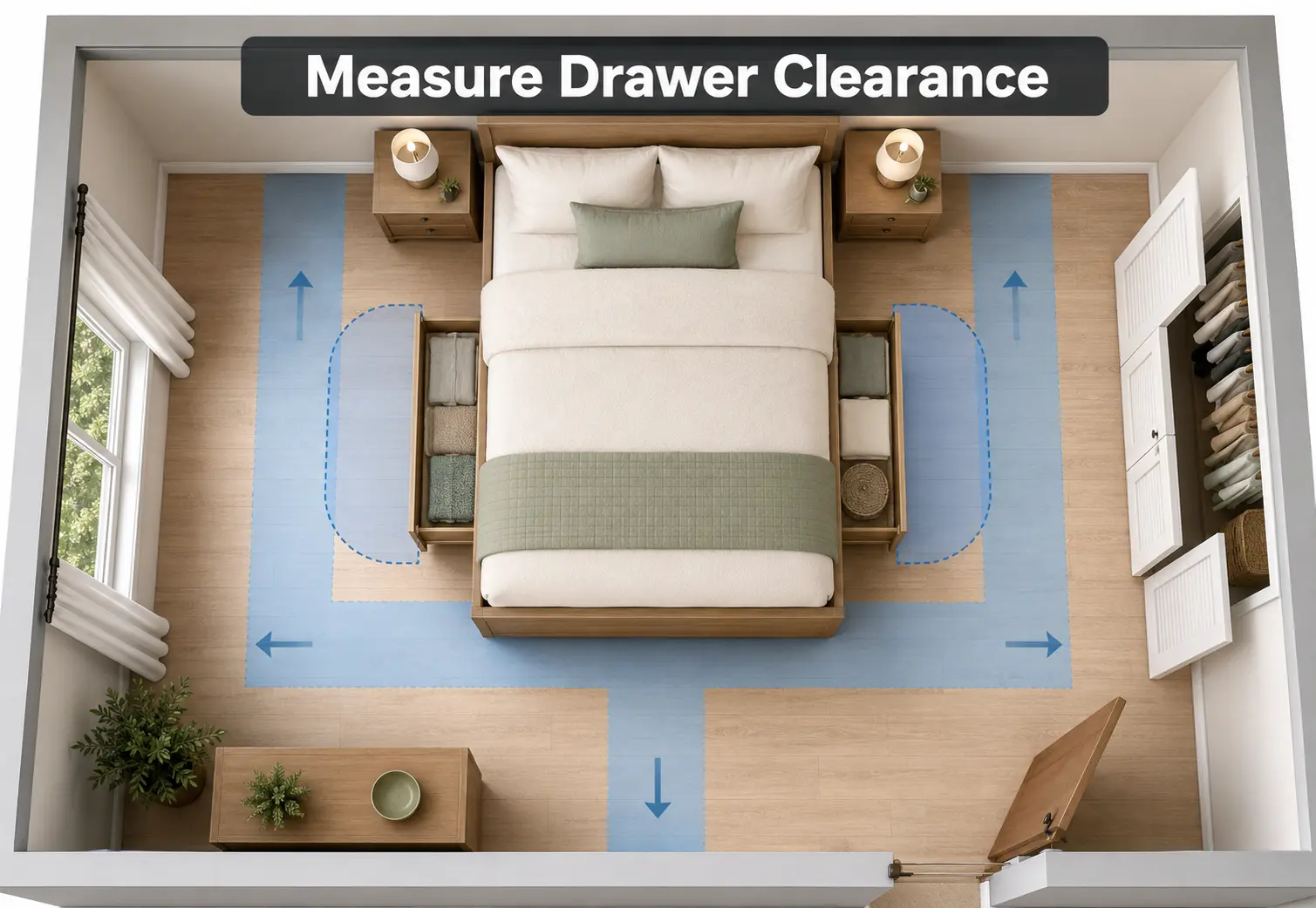 Bedroom floor plan showing storage drawer and walking clearance