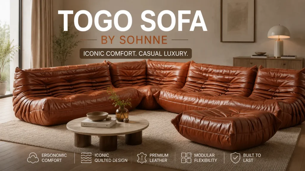 Togo Sofa by Sohnne, quilted design, living room lifestyle shot