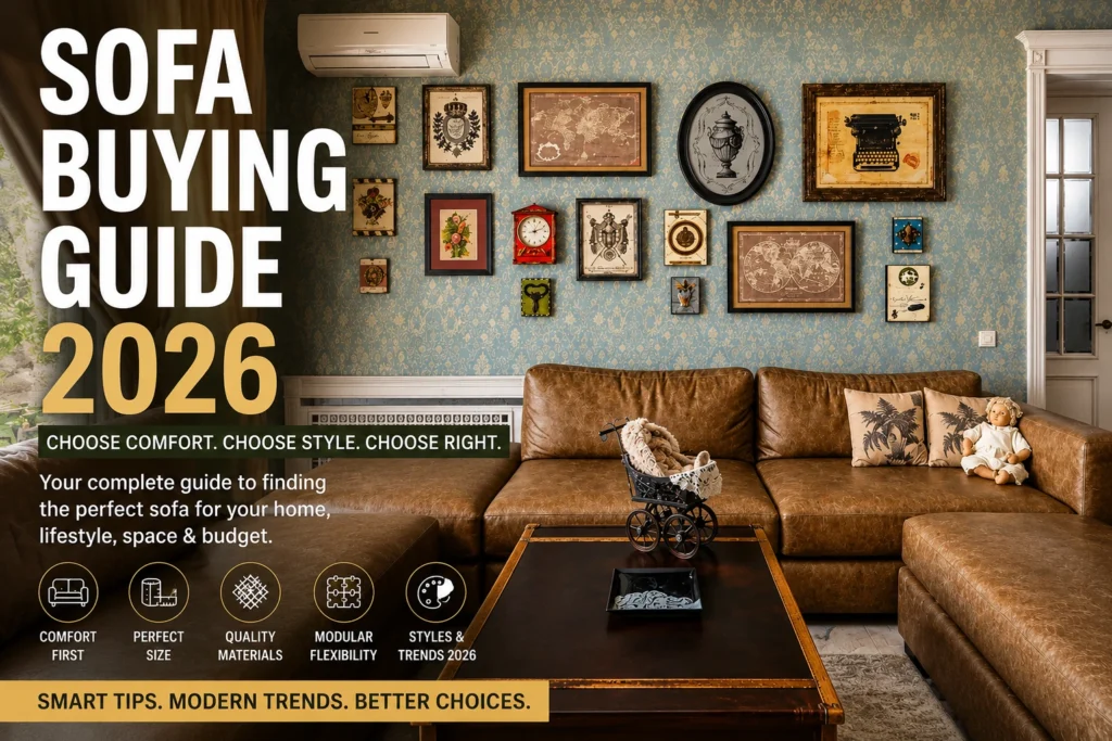 Modern brown sectional sofa in a stylish living room with sofa buying guide and contemporary interior design inspiration for 2026