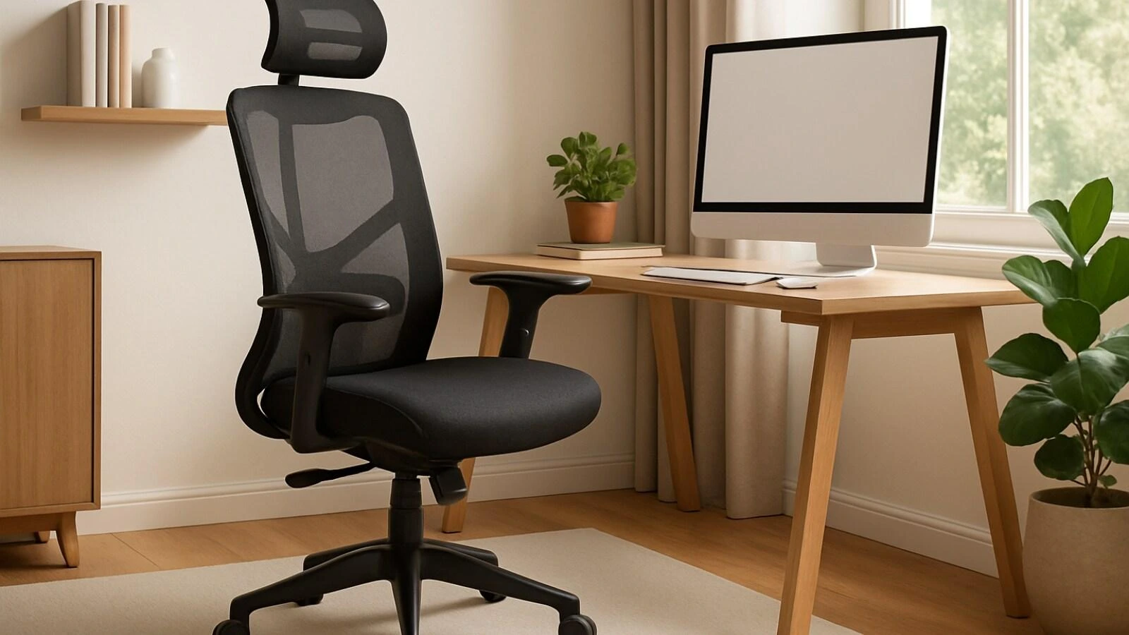 High-back mesh office chair at a wood desk in a bright home office