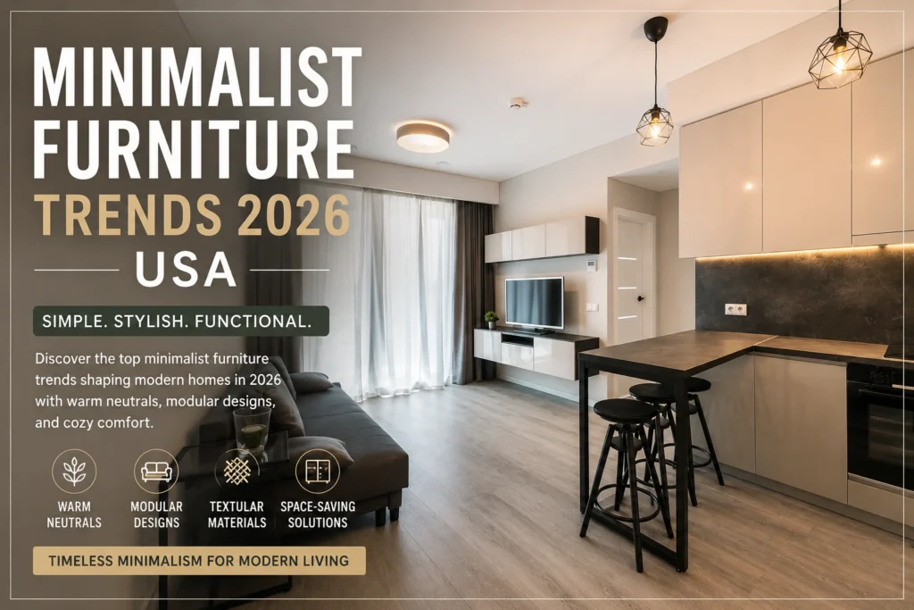 Minimalist apartment living room with modern neutral furniture and cozy contemporary interior design trends for 2026