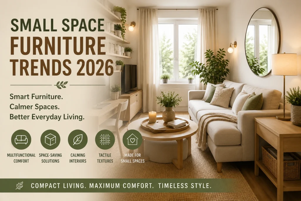Small space living room with multifunctional furniture, warm neutral interiors, tactile textures, and calming apartment design trends for 2026