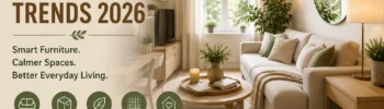 Small space living room with multifunctional furniture, warm neutral interiors, tactile textures, and calming apartment design trends for 2026