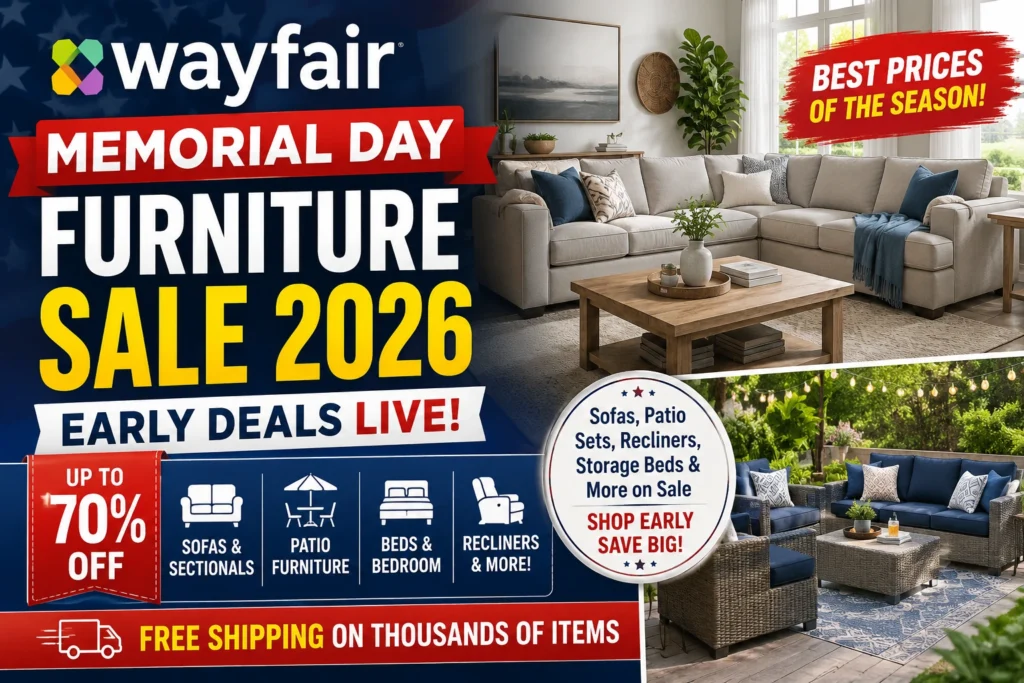 Wayfair Memorial Day Furniture Sale 2026 featuring sectional sofas patio furniture and recliner deals