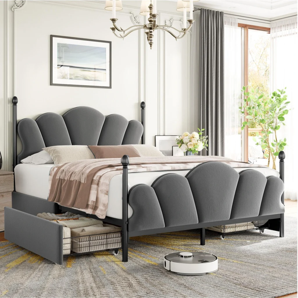 Modern upholstered storage bed designed for apartments and small bedrooms.