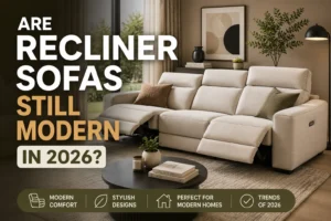 Modern beige recliner sofa in a contemporary living room with minimalist interior design trends for 2026