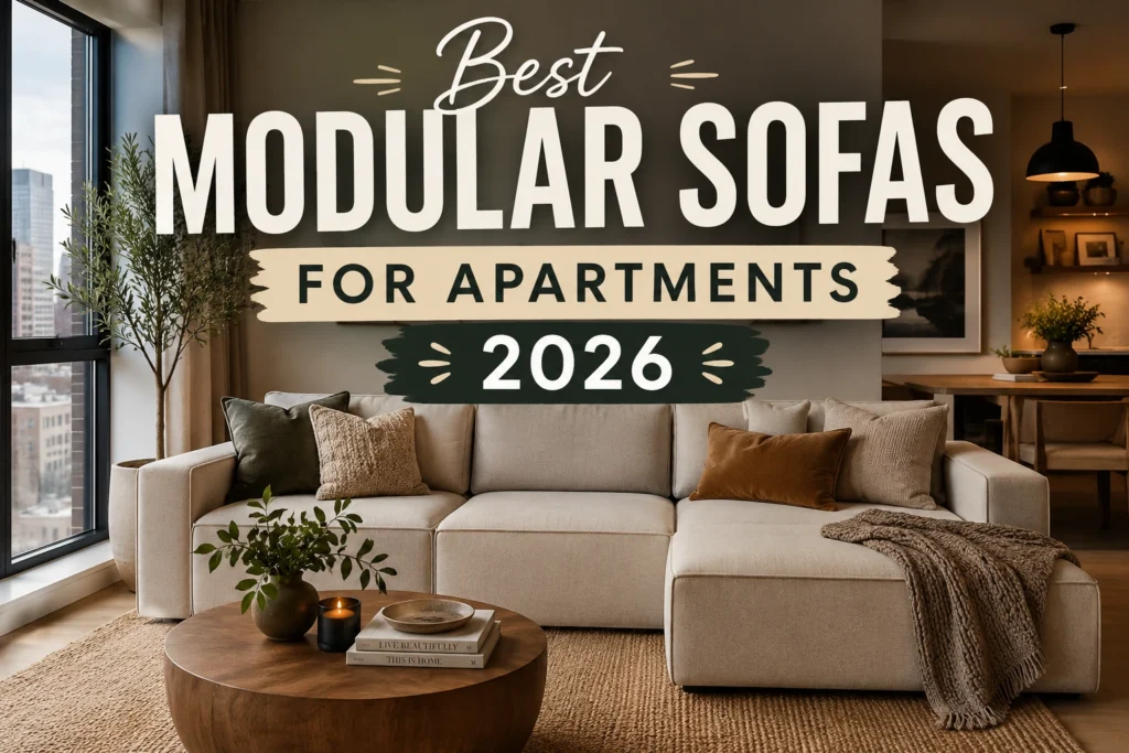 Modern modular sofa in cozy apartment living room for small-space apartment furniture ideas in 2026