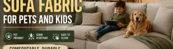 Modern family living room with a stain-resistant sectional sofa, child relaxing comfortably, and dog sitting nearby