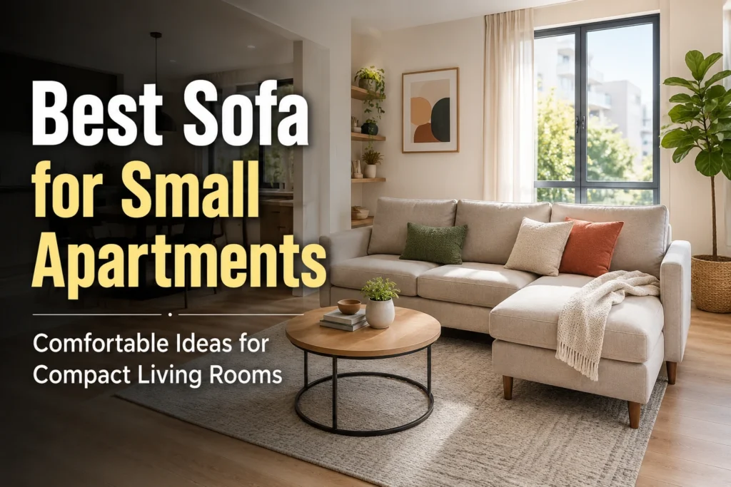 Bright modern apartment living room with a compact sectional sofa, natural lighting, and open walking space
