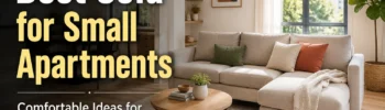 Bright modern apartment living room with a compact sectional sofa, natural lighting, and open walking space