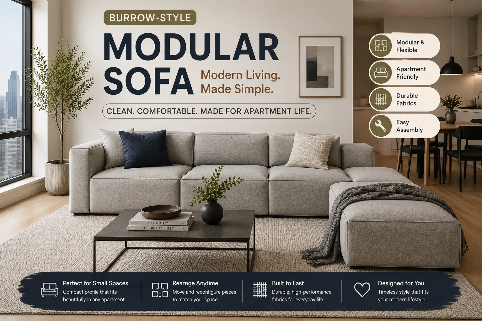Minimalist apartment living room with Burrow-style modular sofa and modern neutral decor