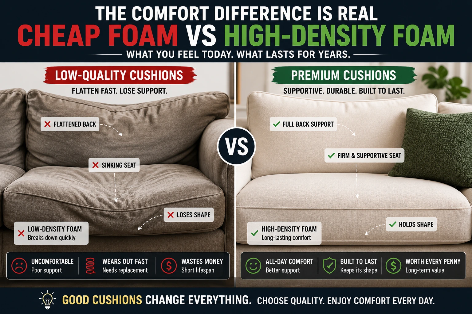 Close-up comparison of flattened low-quality sofa cushions and supportive high-density foam cushions