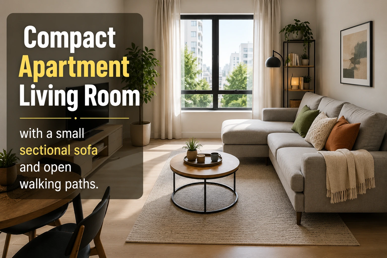 Compact apartment living room with a small sectional sofa and open walking paths