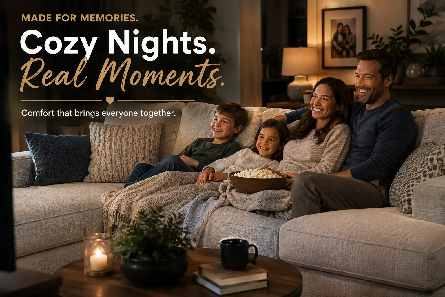 Family relaxing on a cozy fabric sectional sofa during movie night in a warm modern living room