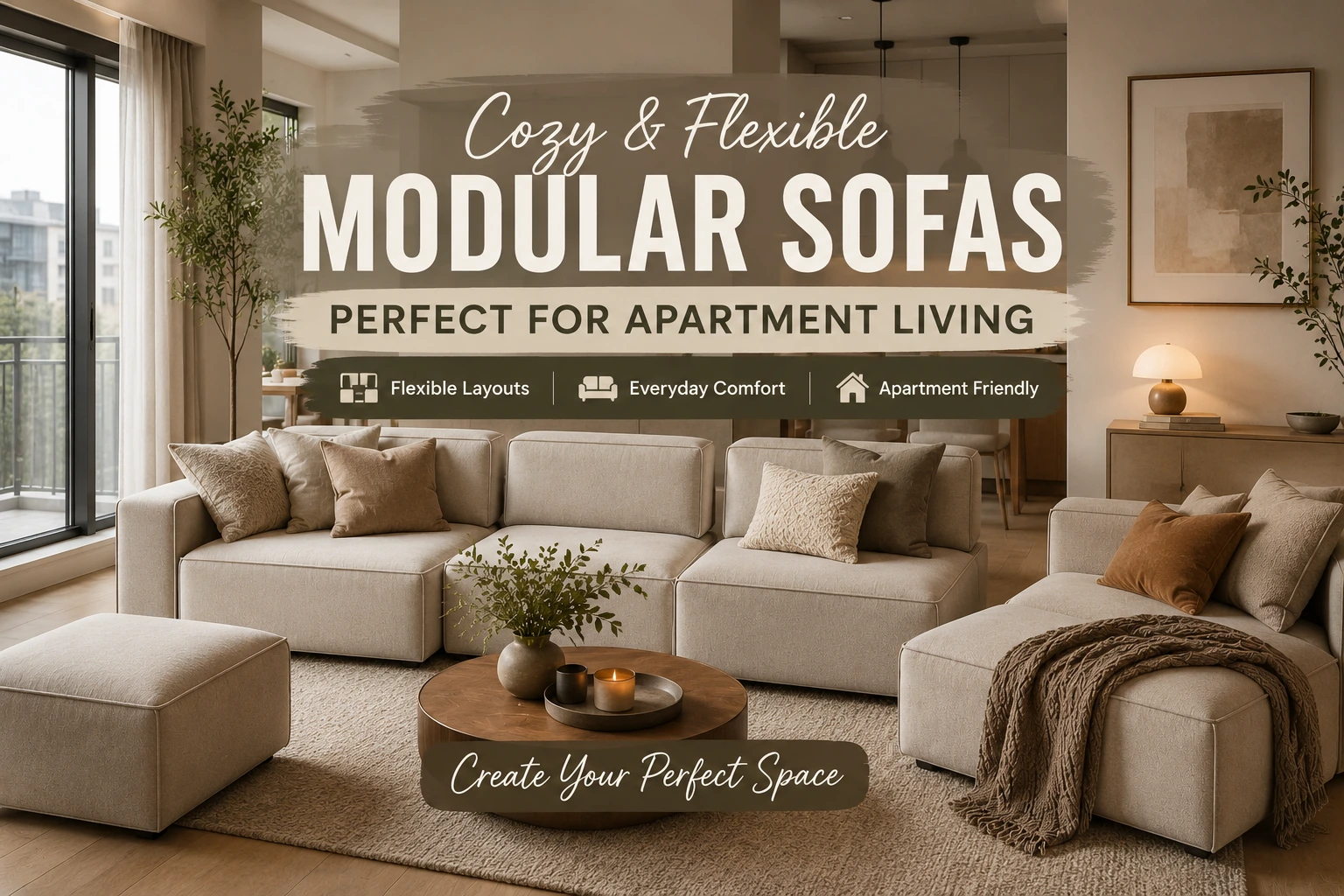 Cozy modular sofa setup in warm neutral apartment living room with flexible seating layout.