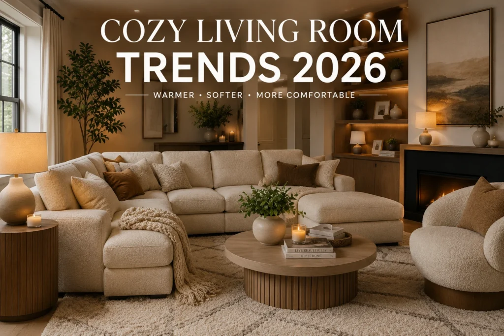 Cozy modern living room with warm neutral sectional sofa, soft lighting, and comfortable interior trends for 2026