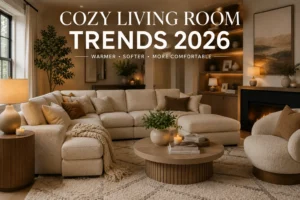 Cozy modern living room with warm neutral sectional sofa, soft lighting, and comfortable interior trends for 2026
