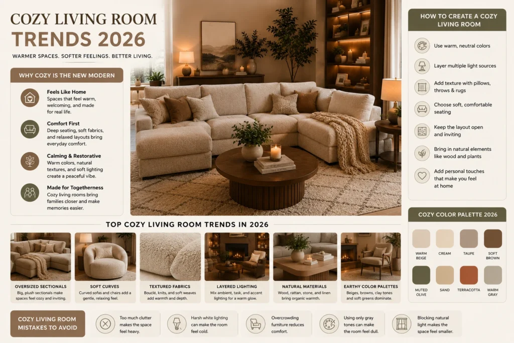Cozy living room trends 2026 infographic with warm neutral interiors, soft furniture, layered lighting, and comfortable modern decor ideas.